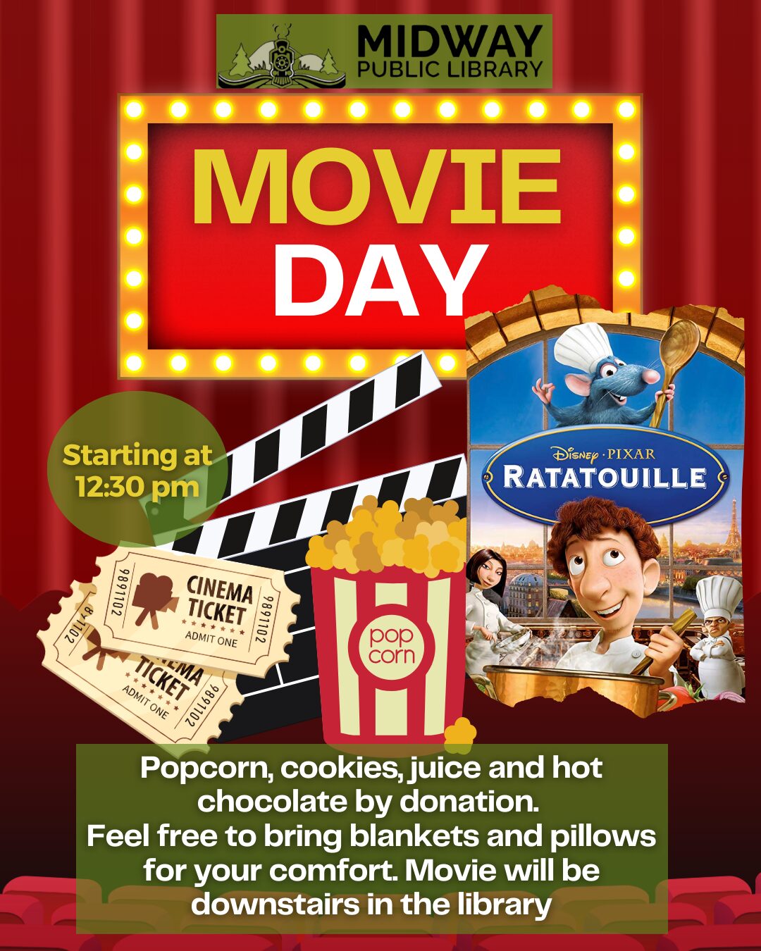 movie day. July 12th starting at 12:30pm. Ratatouille.